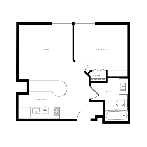 Floor plan for 1 bed, 1 bath, 420 sqft